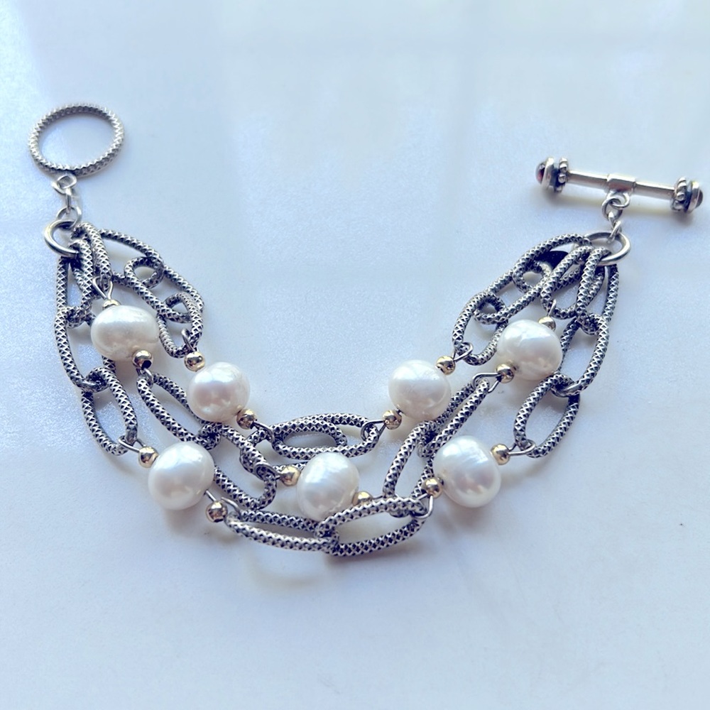Town and Country 14k gold silver, Pearl garnet 3 strand bracelet